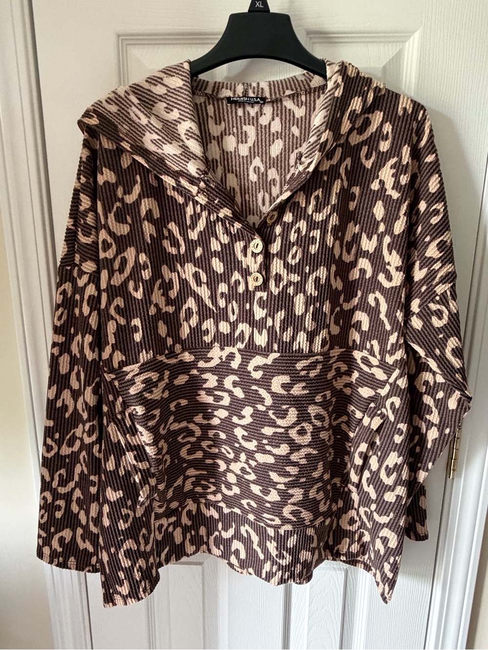 Heimish USA- Leopard Print Hooded Rib-Knit Top- Brown/Cream